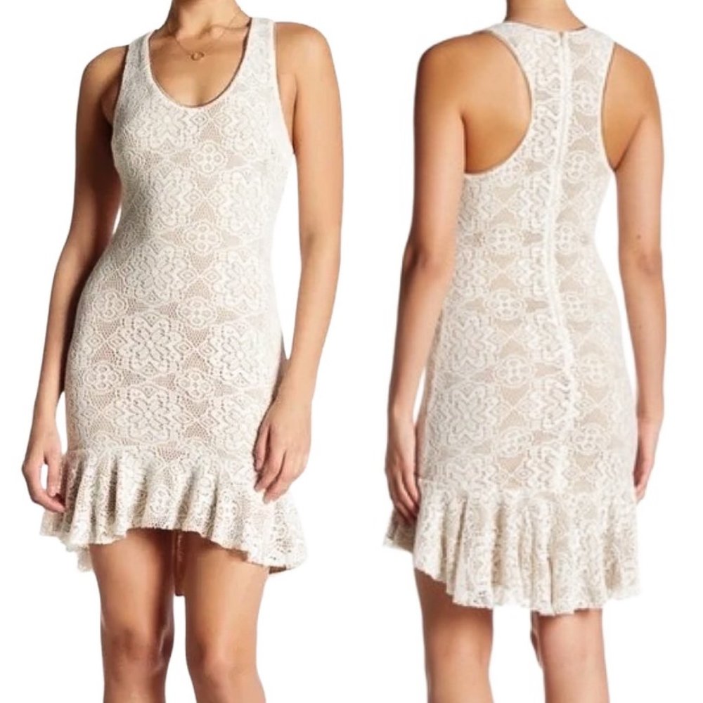Dress The Population Wendy Crochet Overlay Drop Ruffle Hem Dress in Cream Nude S